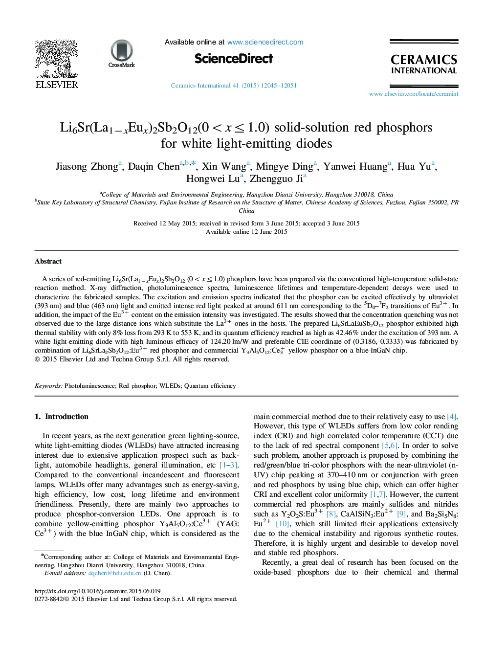 Li6Sr(La1−xEux)2Sb2O12(0<x≤1.0) solid-solution red phosphors for white light-emitting diodes