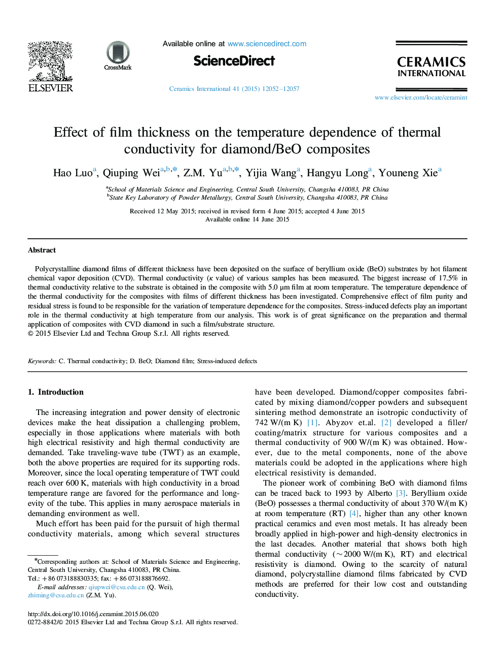 Effect of film thickness on the temperature dependence of thermal conductivity for diamond/BeO composites