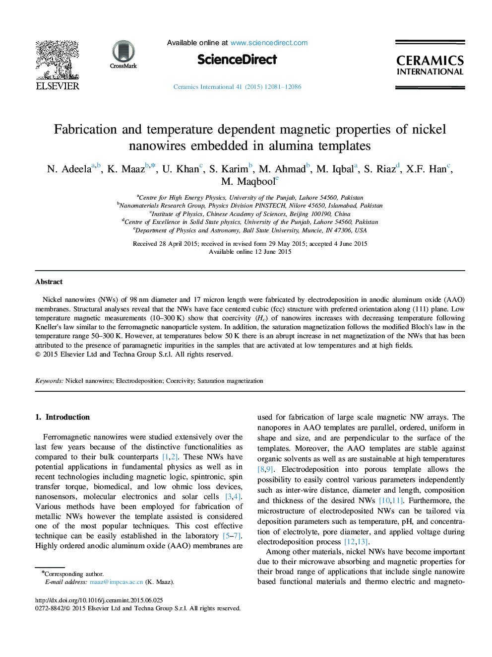 Fabrication and temperature dependent magnetic properties of nickel nanowires embedded in alumina templates