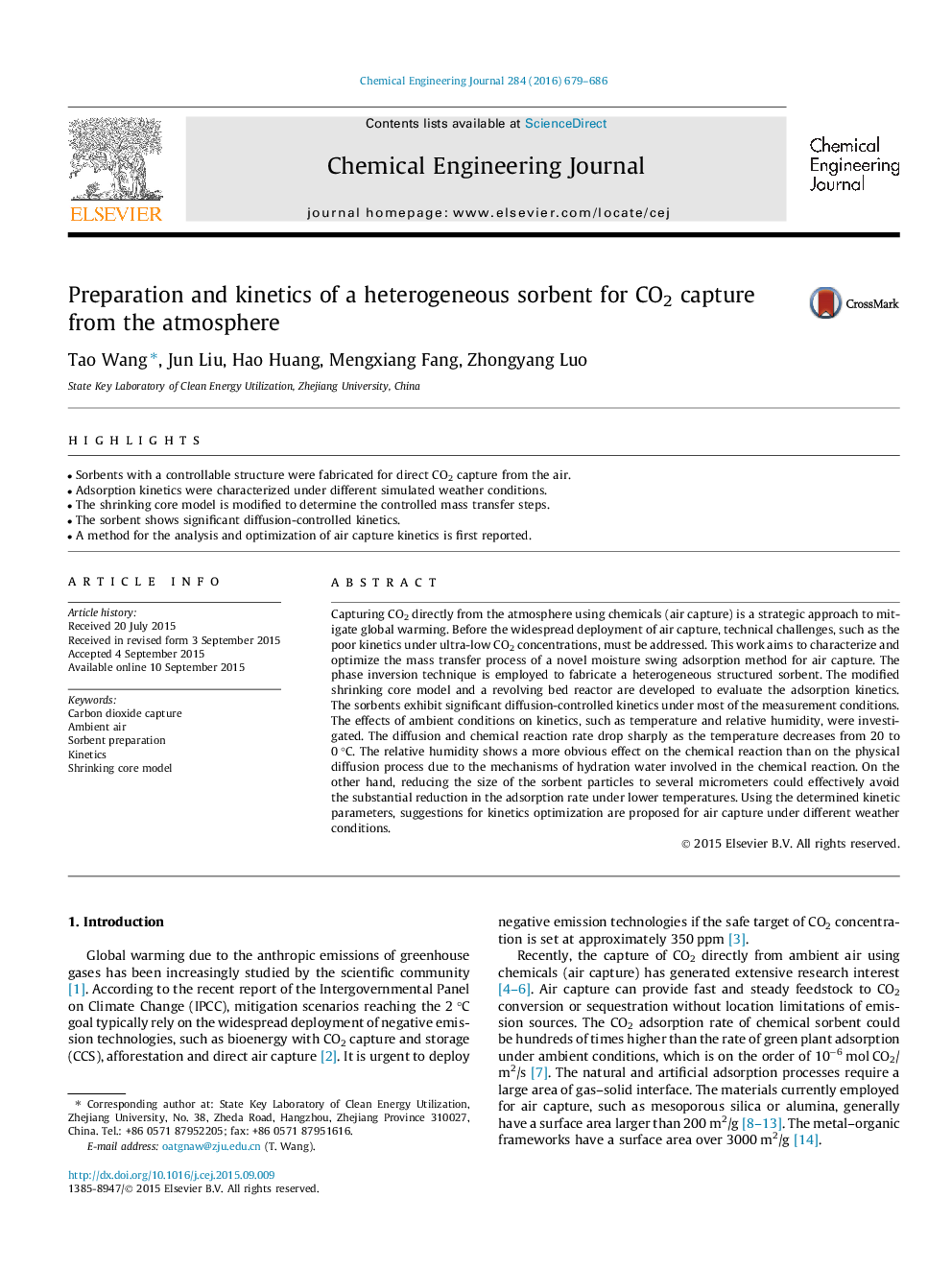 Preparation and kinetics of a heterogeneous sorbent for CO2 capture from the atmosphere