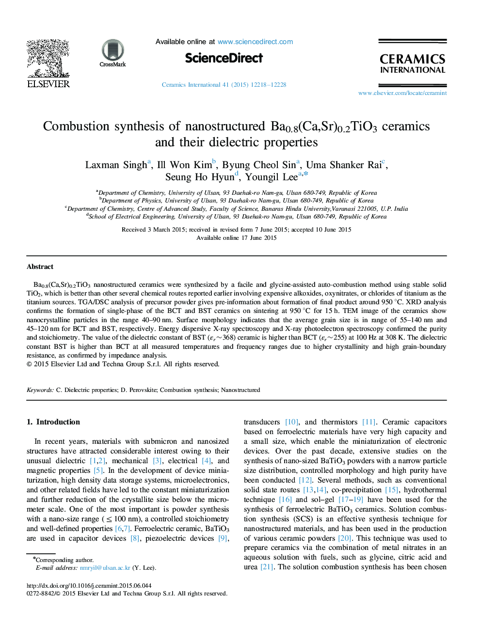 Combustion synthesis of nanostructured Ba0.8(Ca,Sr)0.2TiO3 ceramics and their dielectric properties