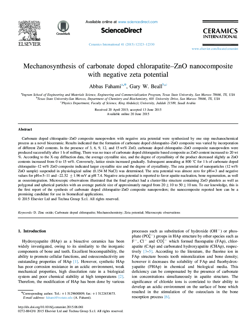 Mechanosynthesis of carbonate doped chlorapatite–ZnO nanocomposite with negative zeta potential