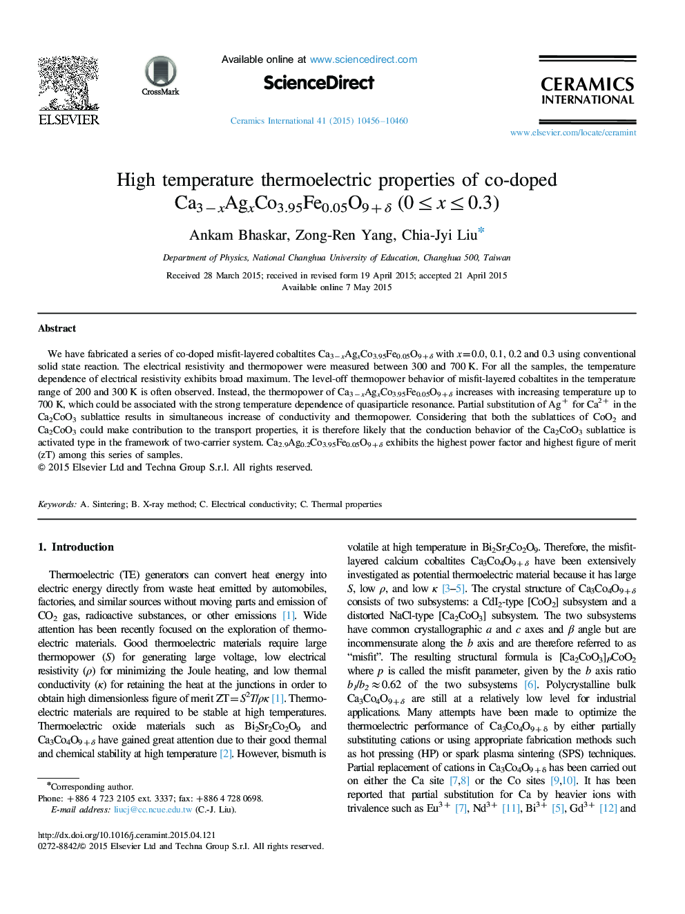 High temperature thermoelectric properties of co-doped Ca3−xAgxCo3.95Fe0.05O9+δ (0≤x≤0.3)