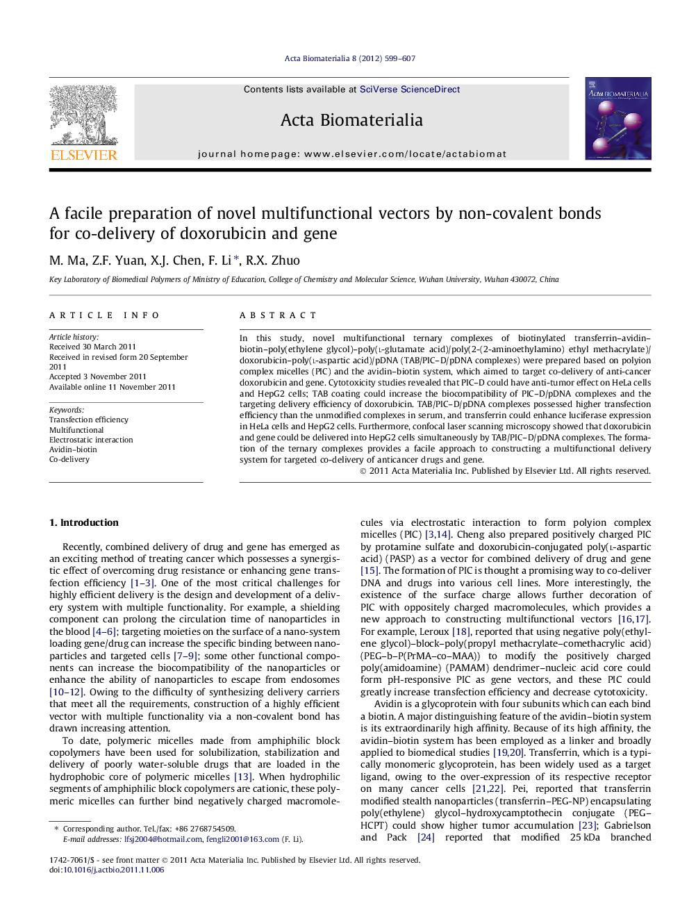 A facile preparation of novel multifunctional vectors by non-covalent bonds for co-delivery of doxorubicin and gene