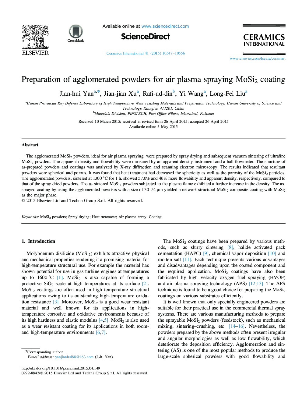 Preparation of agglomerated powders for air plasma spraying MoSi2 coating