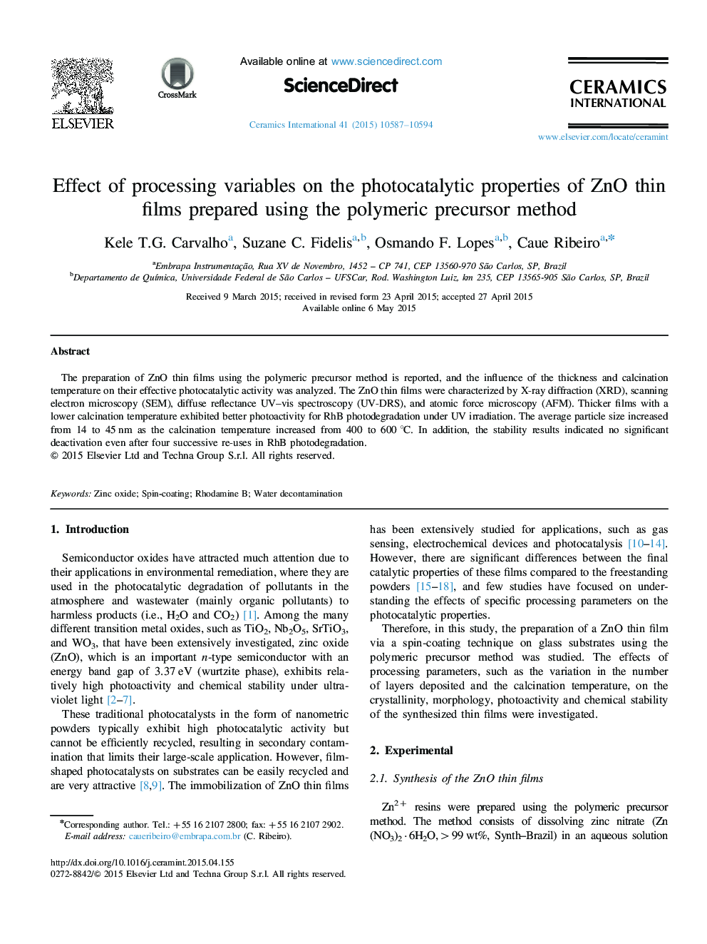 Effect of processing variables on the photocatalytic properties of ZnO thin films prepared using the polymeric precursor method
