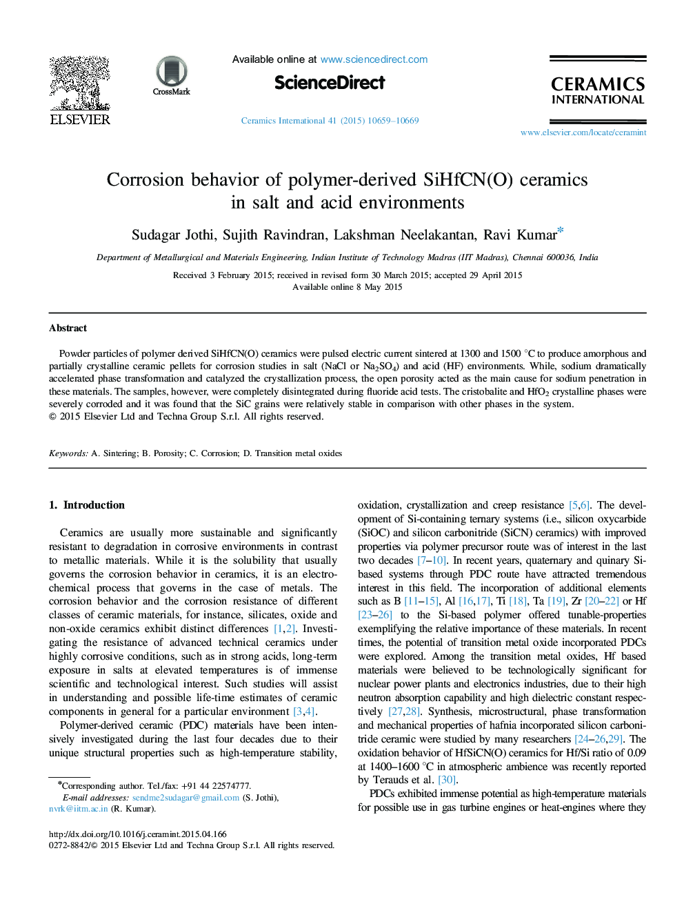 Corrosion behavior of polymer-derived SiHfCN(O) ceramics in salt and acid environments