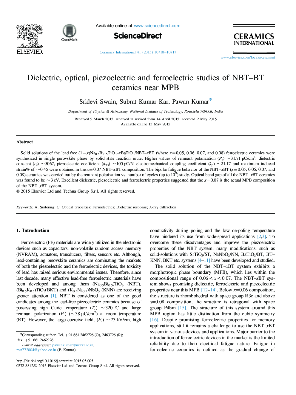 Dielectric, optical, piezoelectric and ferroelectric studies of NBT–BT ceramics near MPB