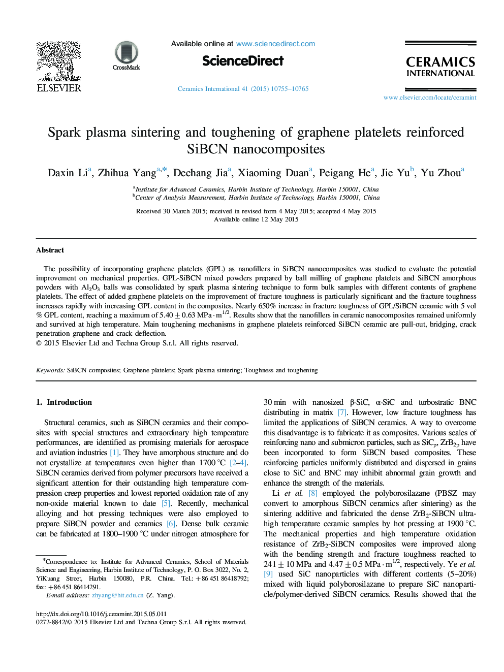 Spark plasma sintering and toughening of graphene platelets reinforced SiBCN nanocomposites
