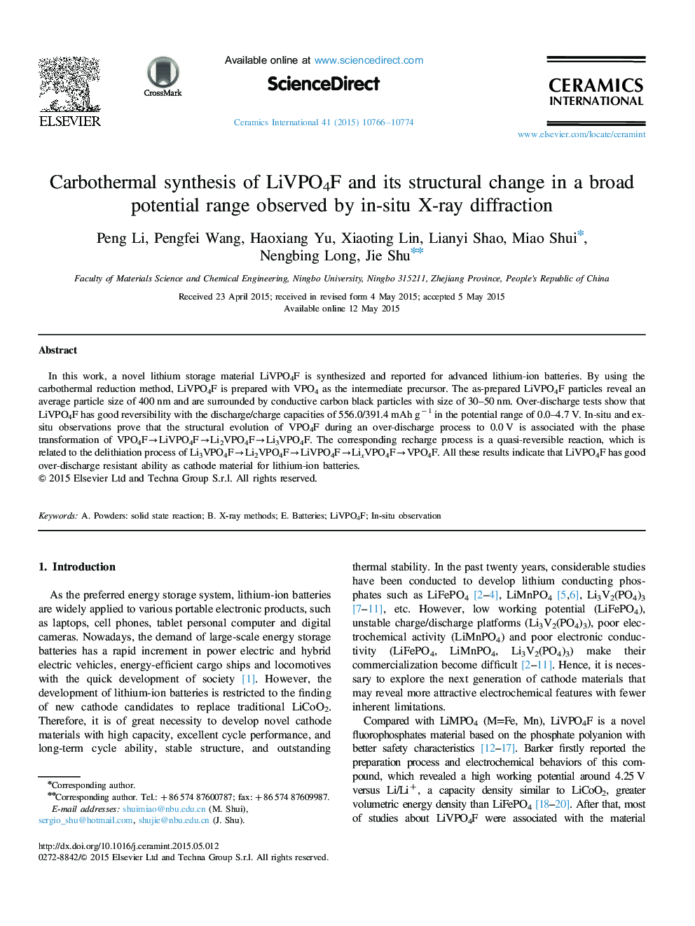 عکس صفحه اول مقاله: Carbothermal synthesis of LiVPO4F and its structural change in a broad potential range observed by in-situ X-ray diffraction Carbothermal synthesis of LiVPO4F and its structural change in a broad potential range observed by in-situ X-ray diffraction