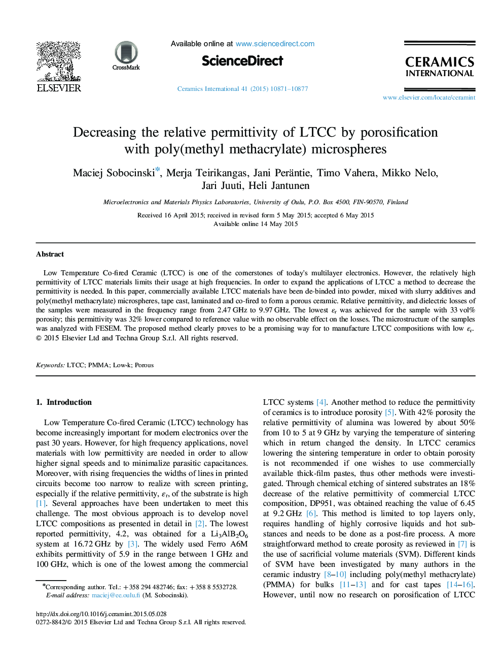 Decreasing the relative permittivity of LTCC by porosification with poly(methyl methacrylate) microspheres