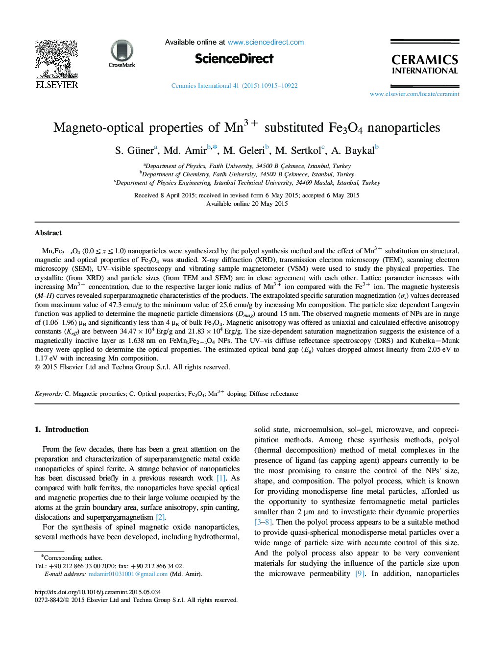 عکس صفحه اول مقاله: Magneto-optical properties of Mn3+ substituted Fe3O4 nanoparticles Magneto-optical properties of Mn3+ substituted Fe3O4 nanoparticles