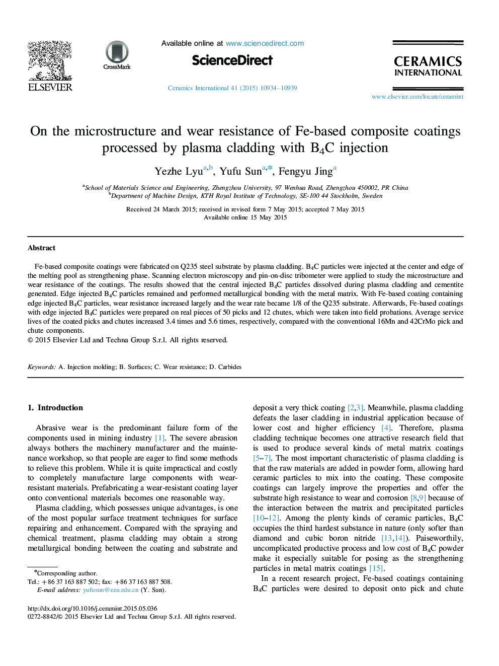 On the microstructure and wear resistance of Fe-based composite coatings processed by plasma cladding with B4C injection