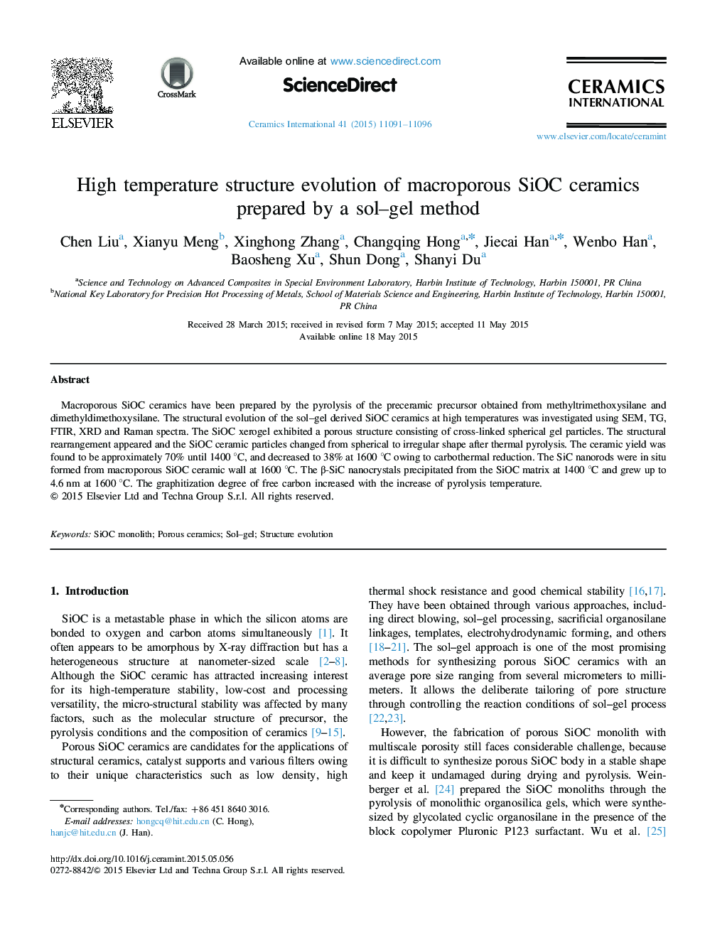 High temperature structure evolution of macroporous SiOC ceramics prepared by a sol–gel method