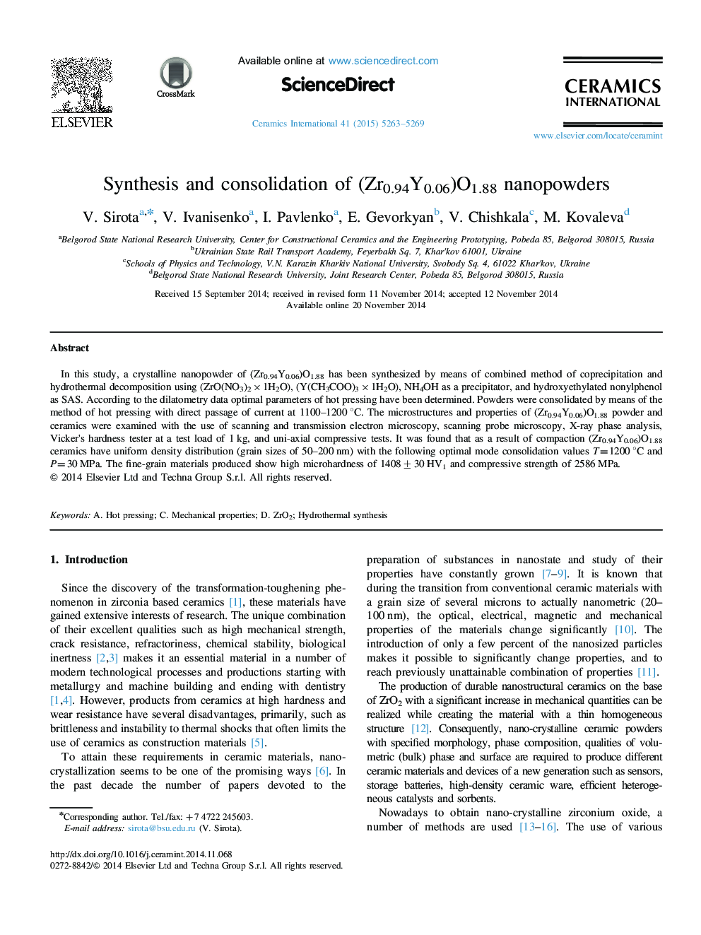 Synthesis and consolidation of (Zr0.94Y0.06)O1.88 nanopowders