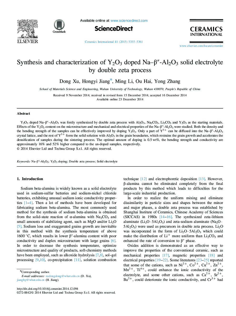 Synthesis and characterization of Y2O3 doped Na–β″-Al2O3 solid electrolyte by double zeta process