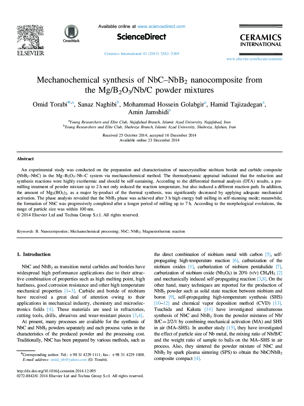 Mechanochemical synthesis of NbC–NbB2 nanocomposite from the Mg/B2O3/Nb/C powder mixtures