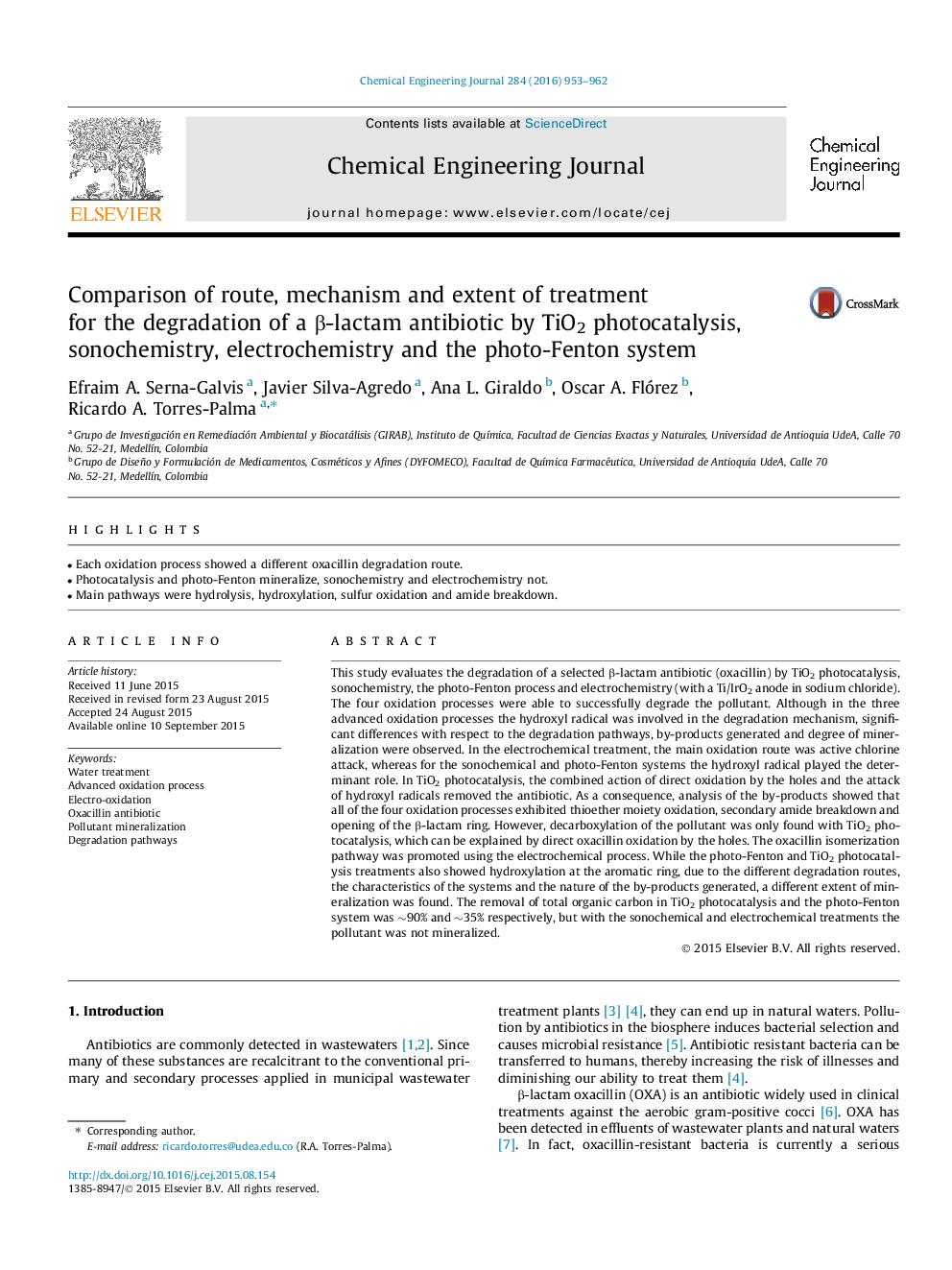 Comparison of route, mechanism and extent of treatment for the degradation of a β-lactam antibiotic by TiO2 photocatalysis, sonochemistry, electrochemistry and the photo-Fenton system