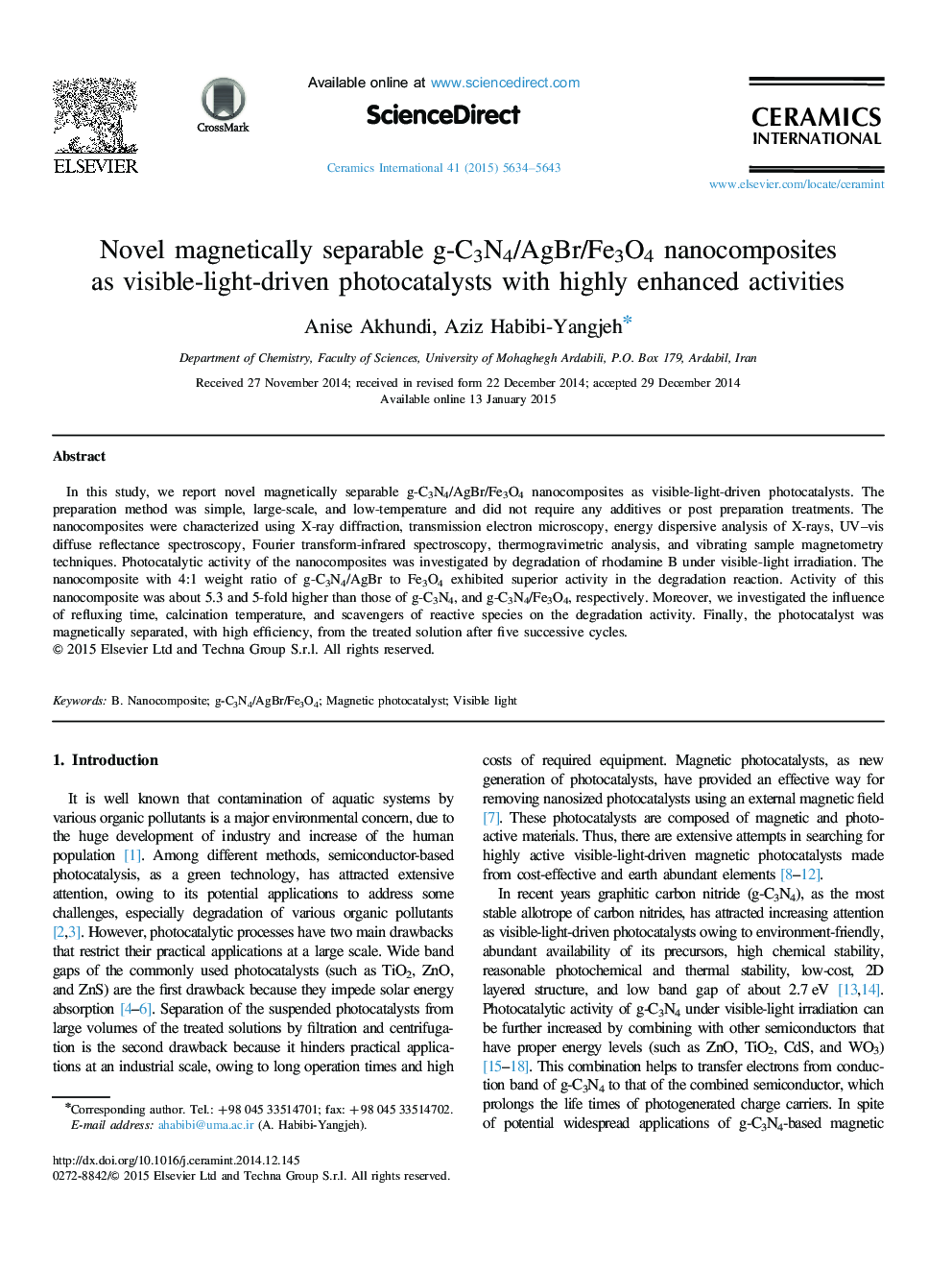 Novel magnetically separable g-C3N4/AgBr/Fe3O4 nanocomposites as visible-light-driven photocatalysts with highly enhanced activities