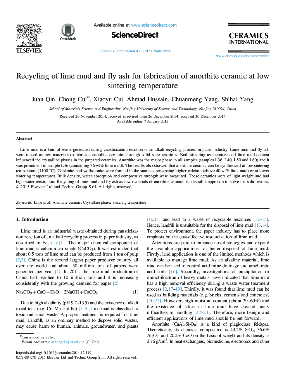 Recycling of lime mud and fly ash for fabrication of anorthite ceramic at low sintering temperature