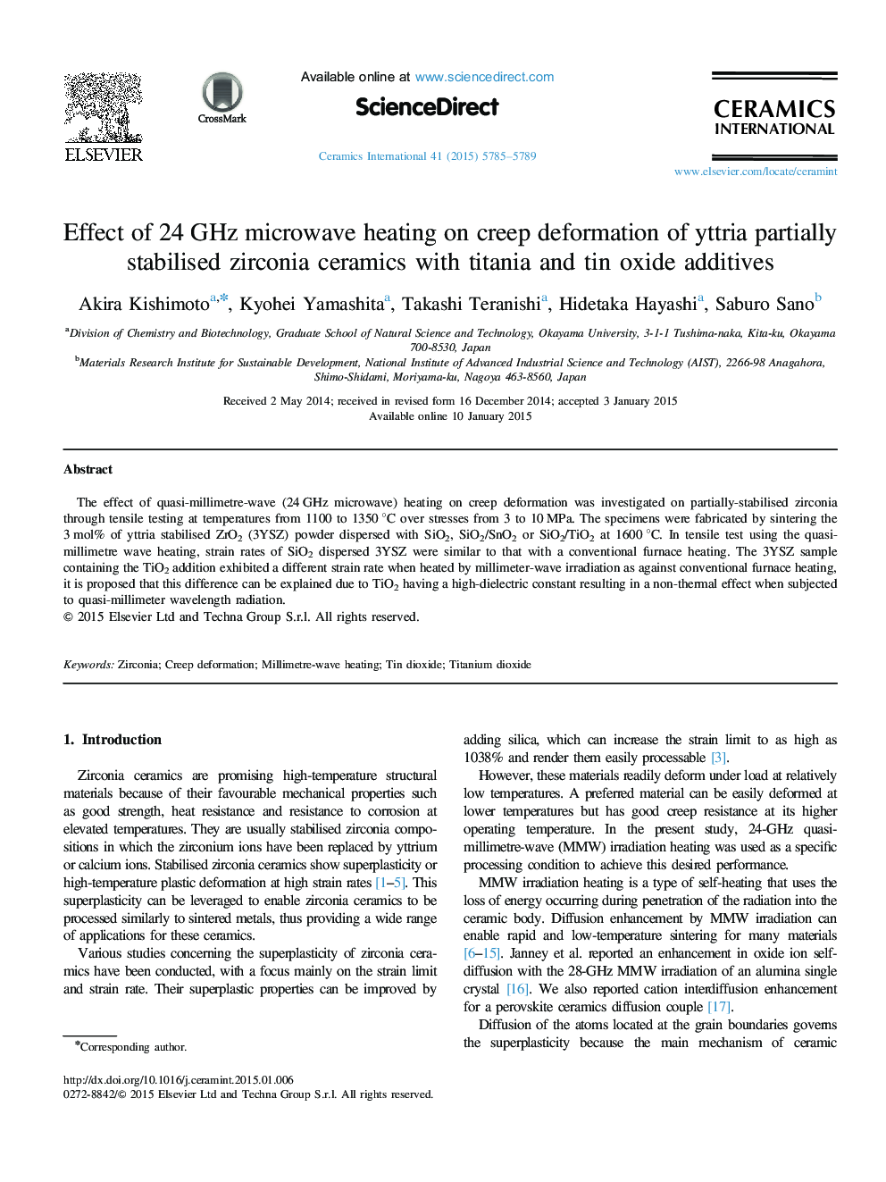 Effect of 24 GHz microwave heating on creep deformation of yttria partially stabilised zirconia ceramics with titania and tin oxide additives