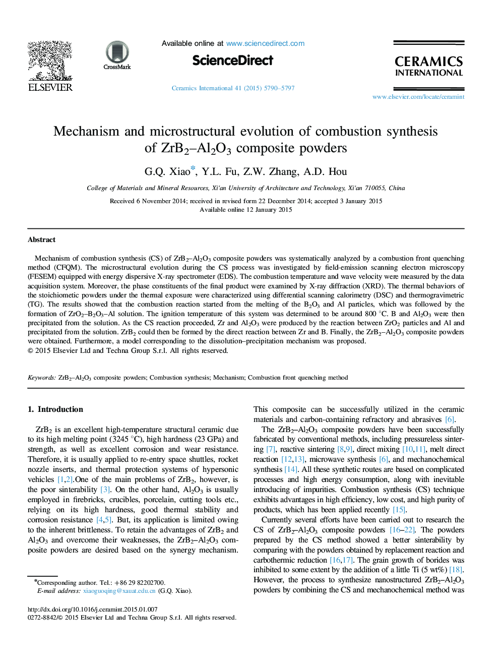 Mechanism and microstructural evolution of combustion synthesis of ZrB2–Al2O3 composite powders