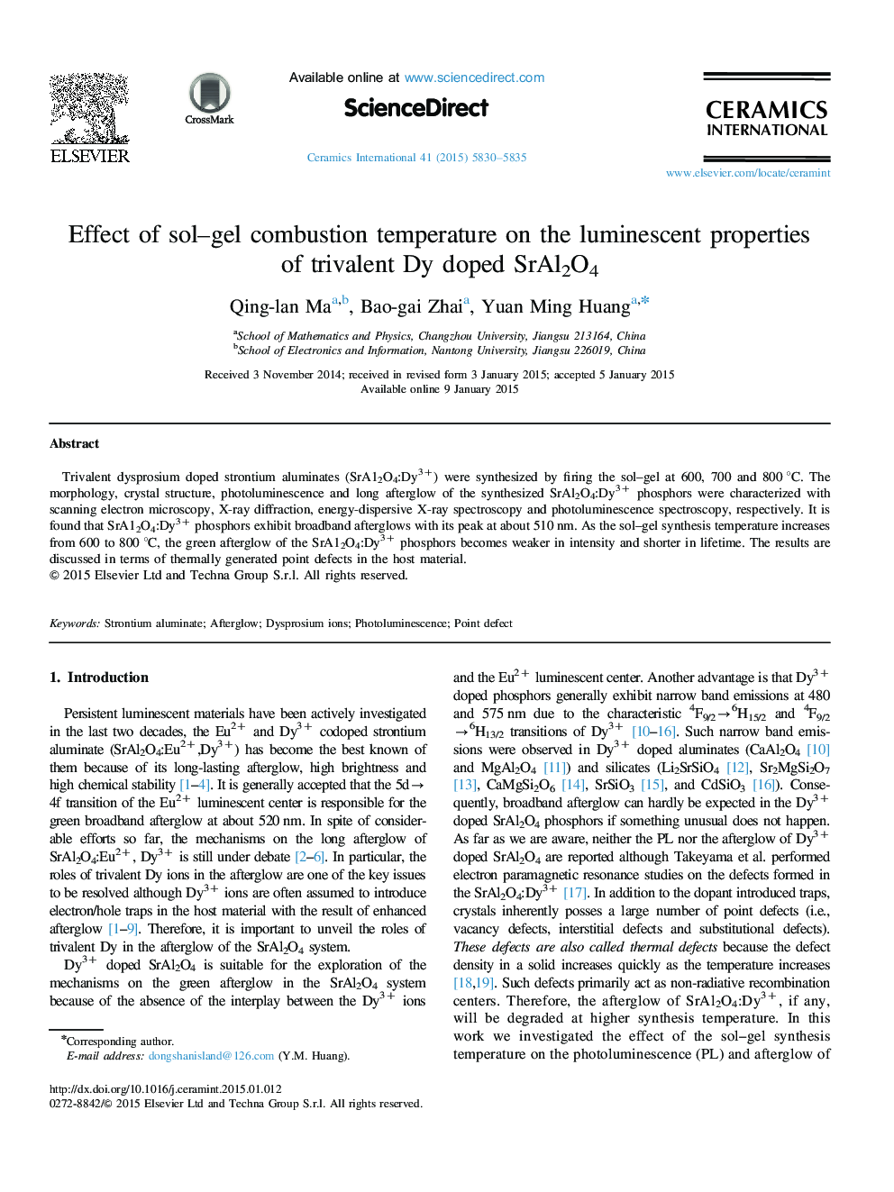 Effect of sol–gel combustion temperature on the luminescent properties of trivalent Dy doped SrAl2O4