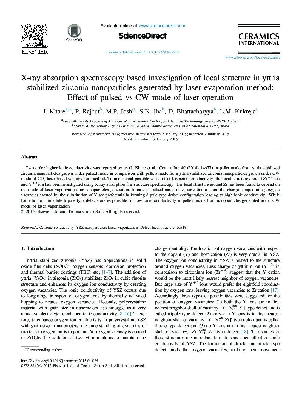 X-ray absorption spectroscopy based investigation of local structure in yttria stabilized zirconia nanoparticles generated by laser evaporation method: Effect of pulsed vs CW mode of laser operation