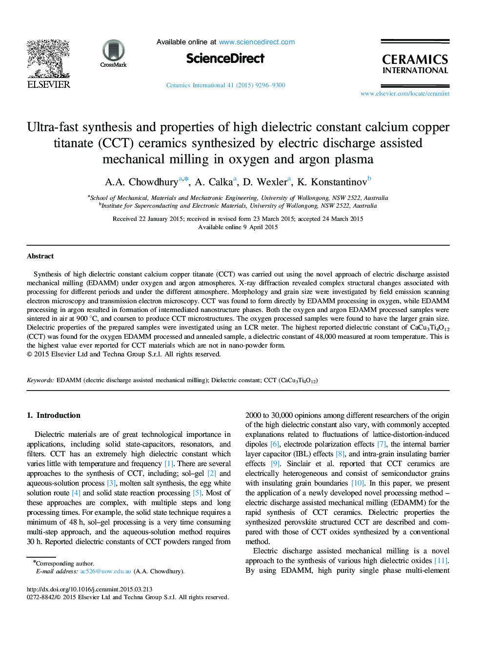 Ultra-fast synthesis and properties of high dielectric constant calcium copper titanate (CCT) ceramics synthesized by electric discharge assisted mechanical milling in oxygen and argon plasma