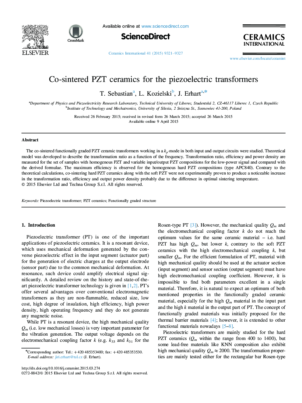 Co-sintered PZT ceramics for the piezoelectric transformers