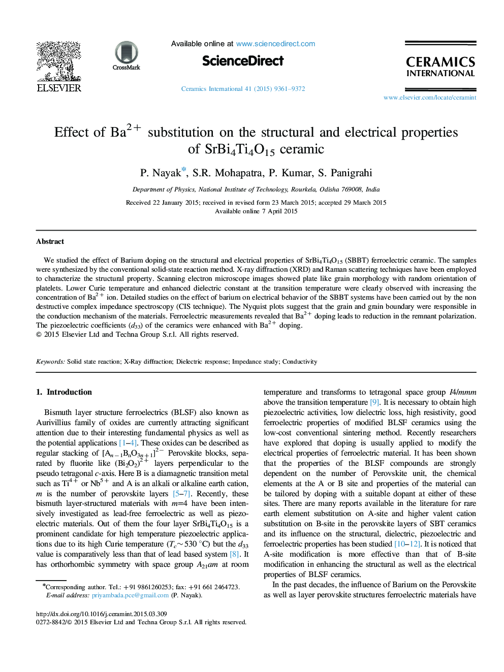 Effect of Ba2+ substitution on the structural and electrical properties of SrBi4Ti4O15 ceramic