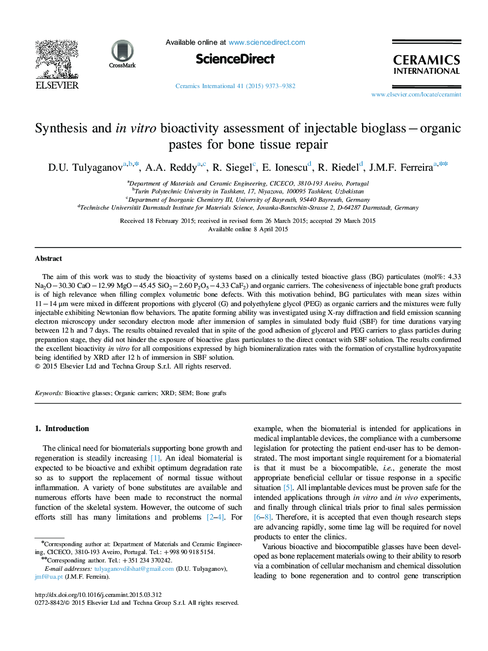 Synthesis and in vitro bioactivity assessment of injectable bioglass−organic pastes for bone tissue repair