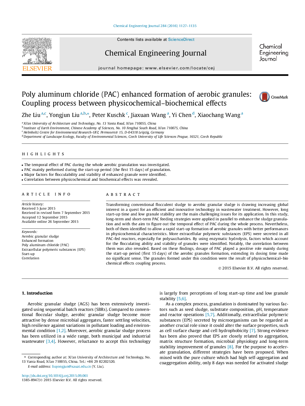 Poly aluminum chloride (PAC) enhanced formation of aerobic granules: Coupling process between physicochemical–biochemical effects