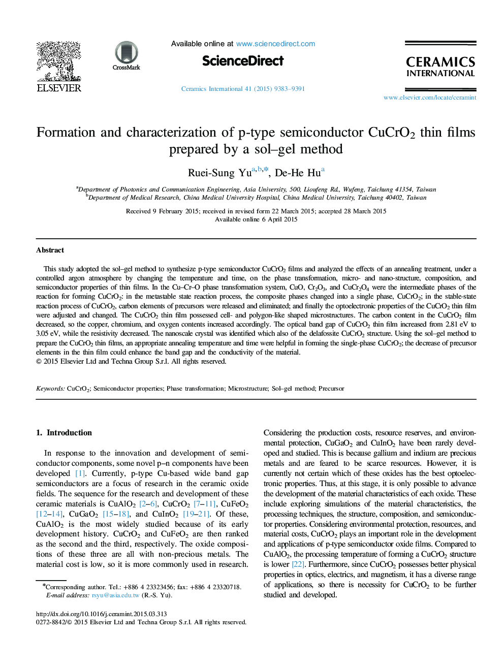 Formation and characterization of p-type semiconductor CuCrO2 thin films prepared by a sol–gel method