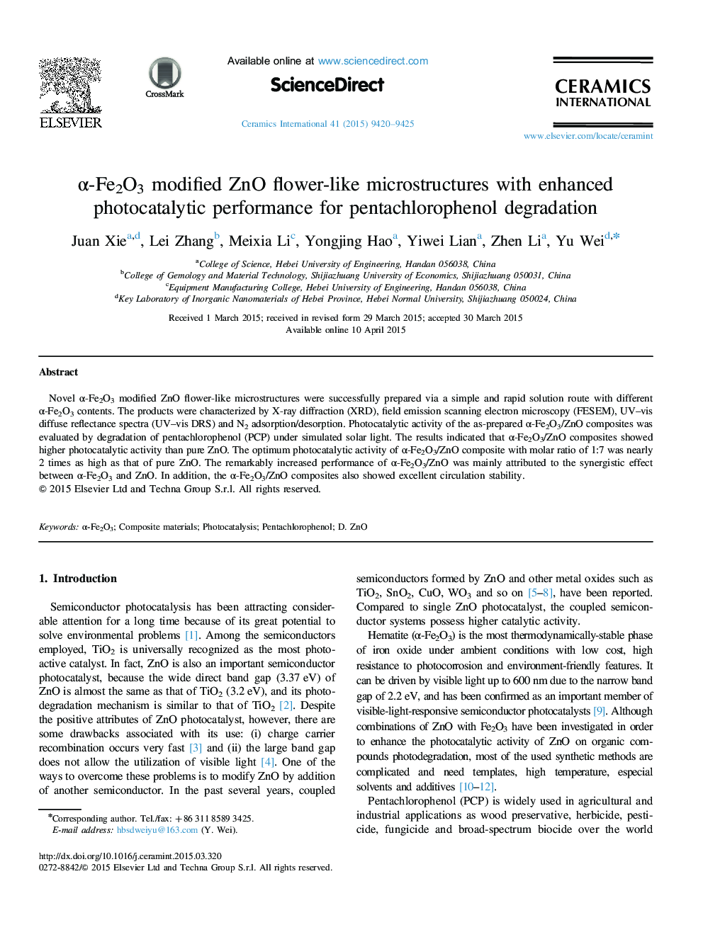 α-Fe2O3 modified ZnO flower-like microstructures with enhanced photocatalytic performance for pentachlorophenol degradation