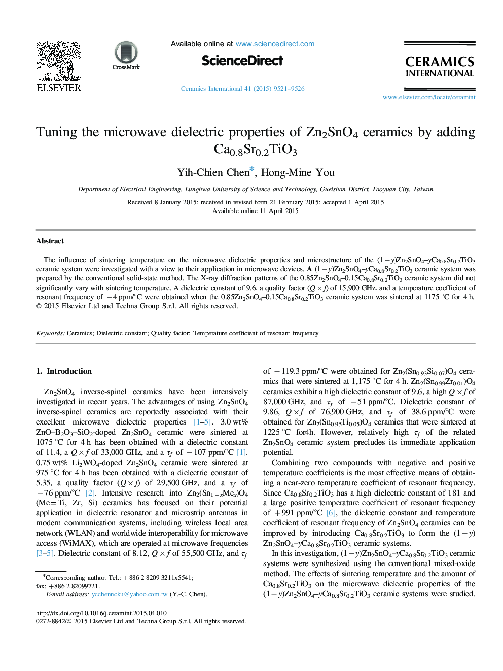 عکس صفحه اول مقاله: Tuning the microwave dielectric properties of Zn2SnO4 ceramics by adding Ca0.8Sr0.2TiO3 Tuning the microwave dielectric properties of Zn2SnO4 ceramics by adding Ca0.8Sr0.2TiO3