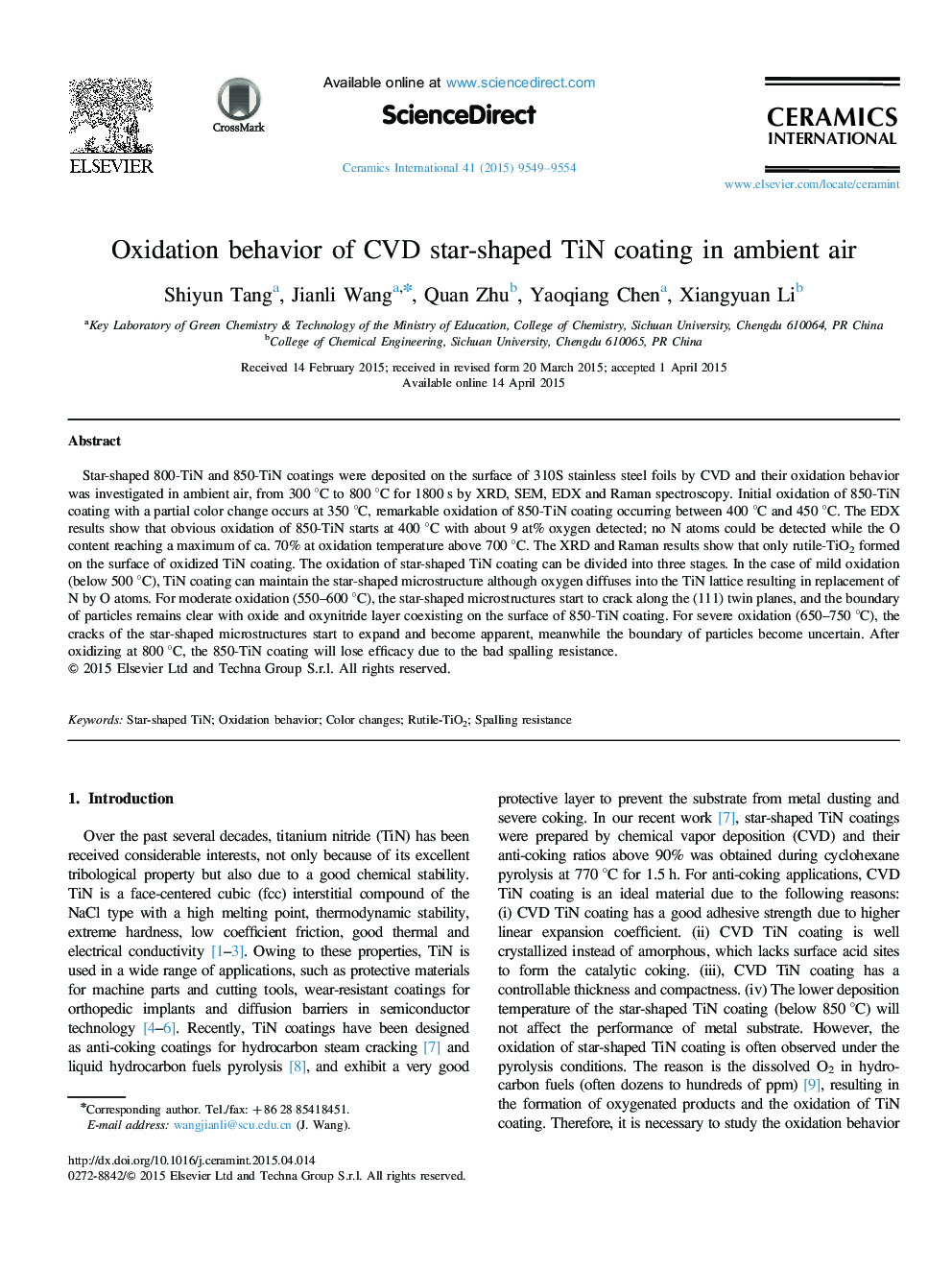 Oxidation behavior of CVD star-shaped TiN coating in ambient air