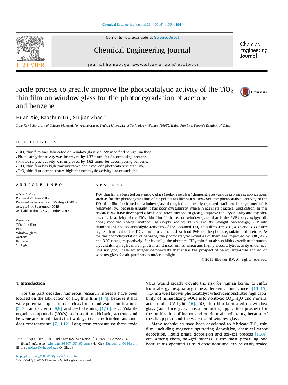 Facile process to greatly improve the photocatalytic activity of the TiO2 thin film on window glass for the photodegradation of acetone and benzene