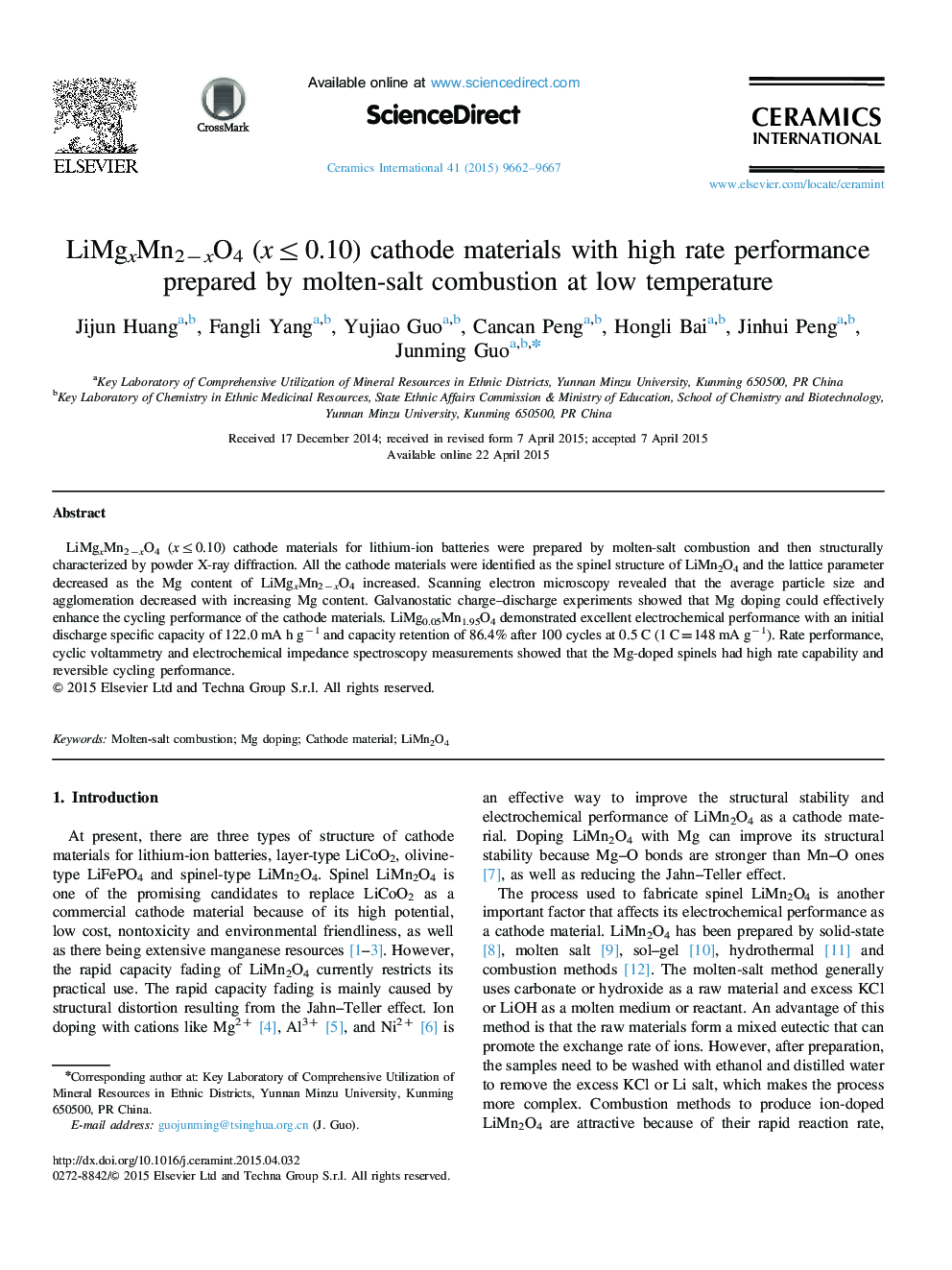 عکس صفحه اول مقاله: LiMgxMn2−xO4 (x≤0.10) cathode materials with high rate performance prepared by molten-salt combustion at low temperature LiMgxMn2−xO4 (x≤0.10) cathode materials with high rate performance prepared by molten-salt combustion at low temperature