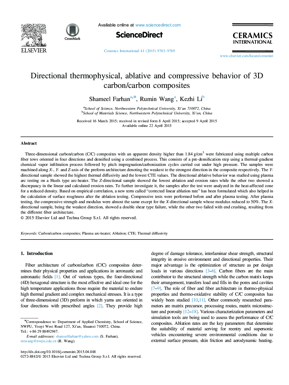 Directional thermophysical, ablative and compressive behavior of 3D carbon/carbon composites