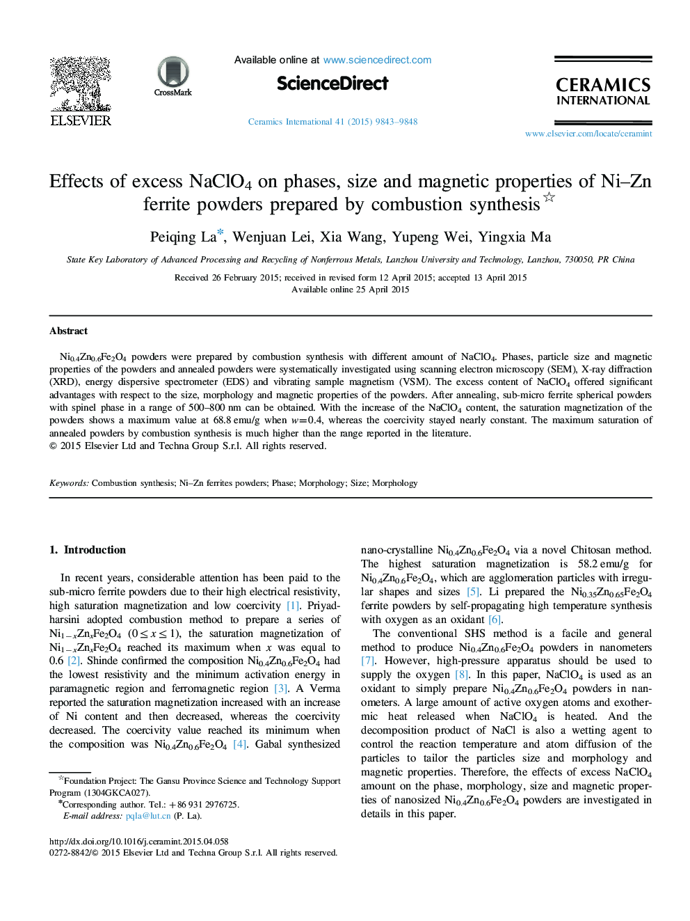 Effects of excess NaClO4 on phases, size and magnetic properties of Ni–Zn ferrite powders prepared by combustion synthesis 