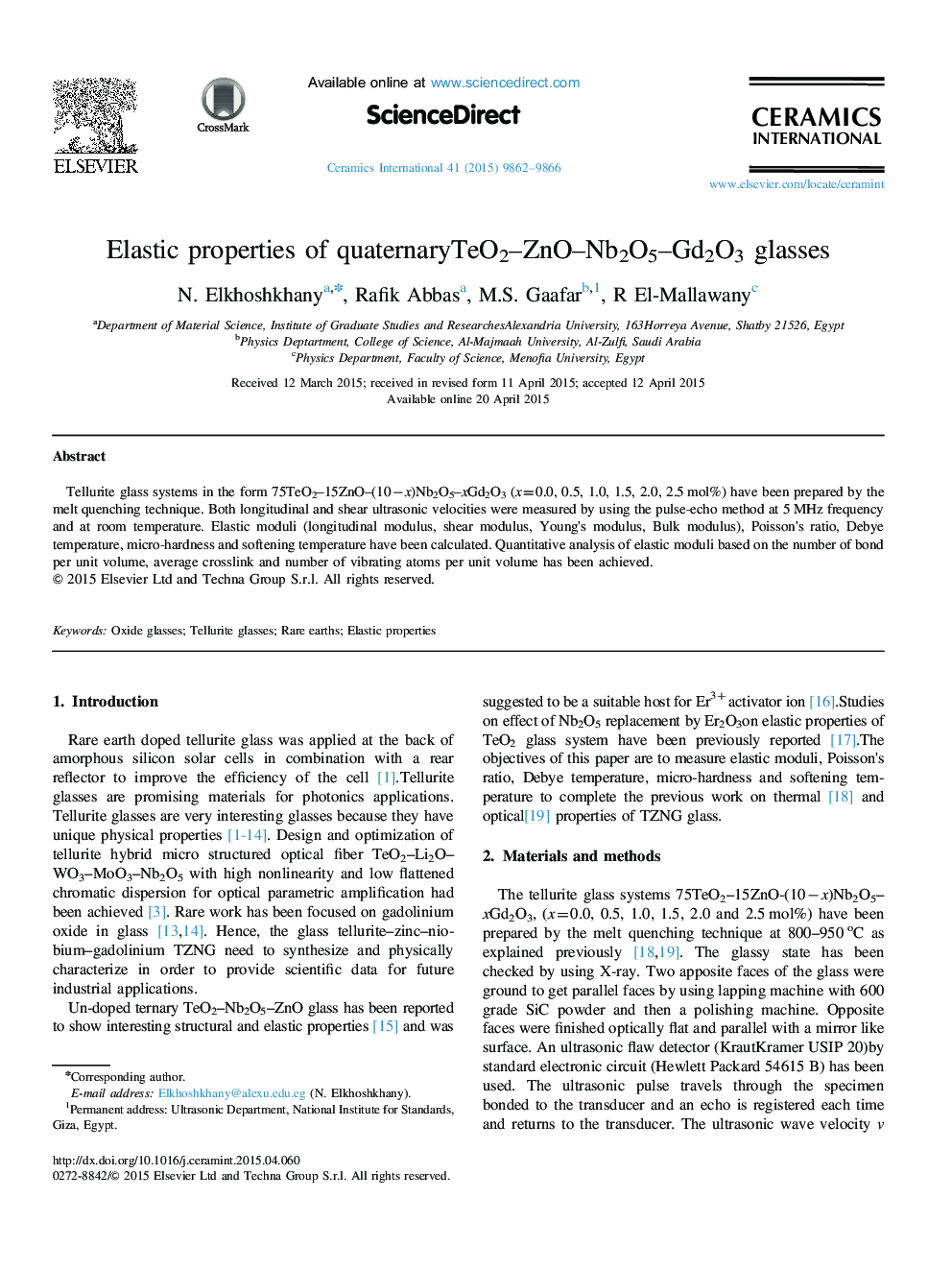 Elastic properties of quaternaryTeO2–ZnO–Nb2O5–Gd2O3 glasses