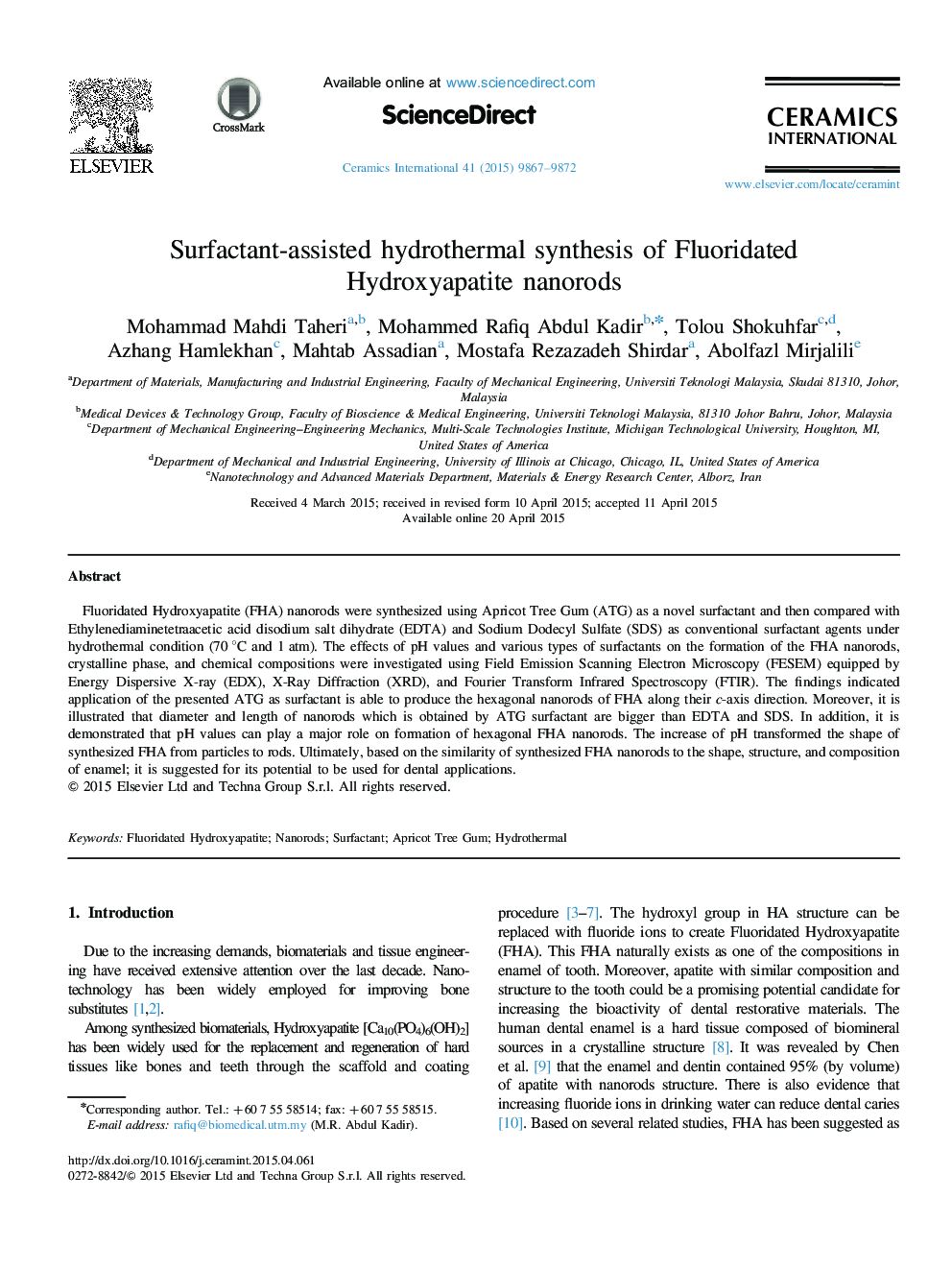 Surfactant-assisted hydrothermal synthesis of Fluoridated Hydroxyapatite nanorods