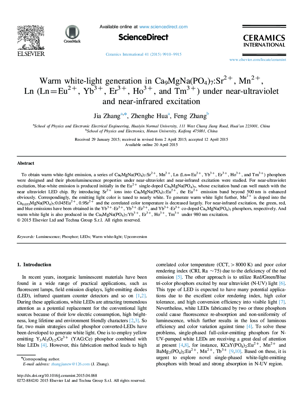 Warm white-light generation in Ca9MgNa(PO4)7:Sr2+, Mn2+, Ln (Ln=Eu2+, Yb3+, Er3+, Ho3+, and Tm3+) under near-ultraviolet and near-infrared excitation