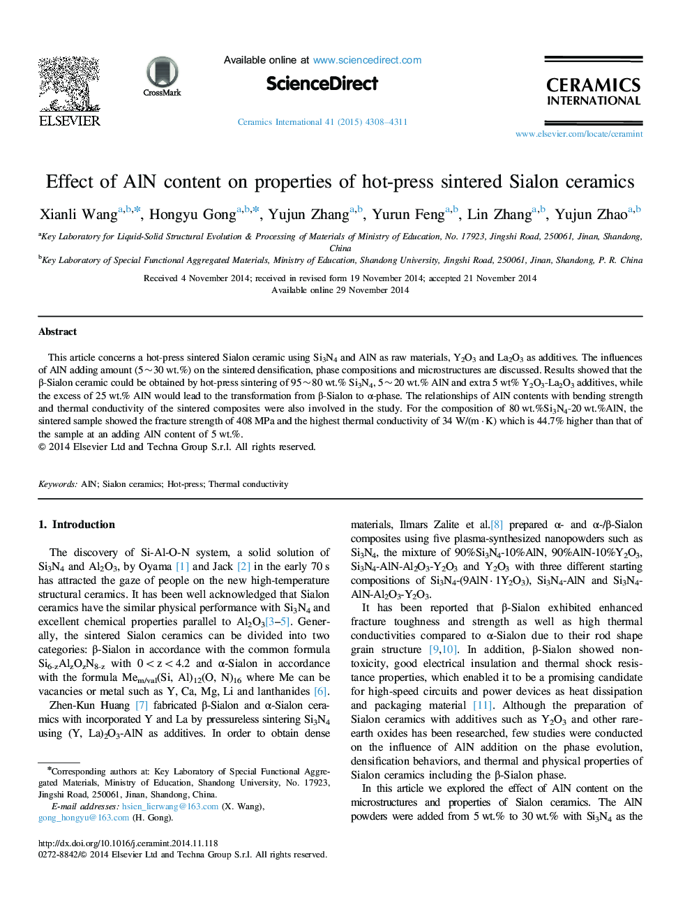 Effect of AlN content on properties of hot-press sintered Sialon ceramics