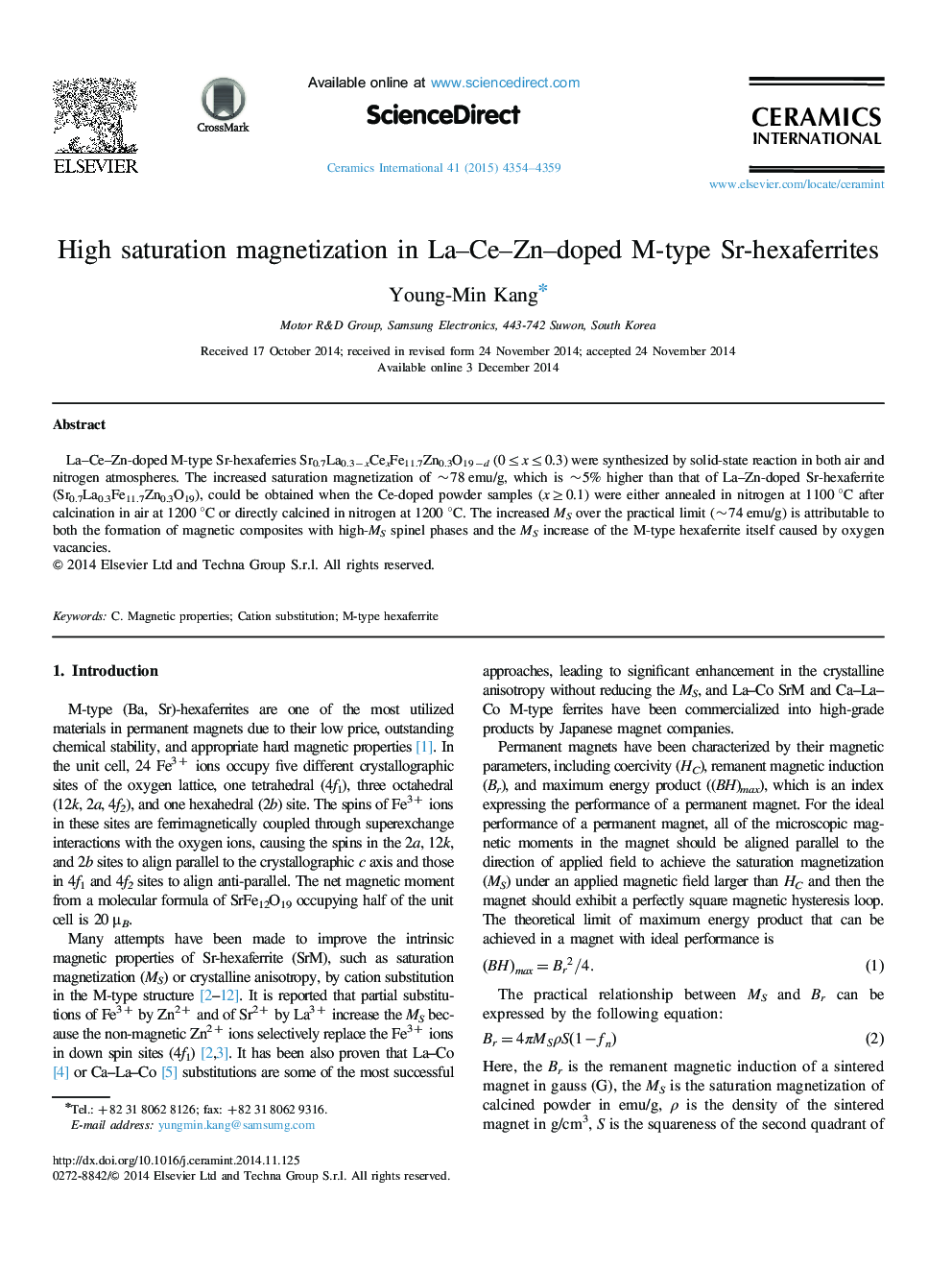 High saturation magnetization in La–Ce–Zn–doped M-type Sr-hexaferrites