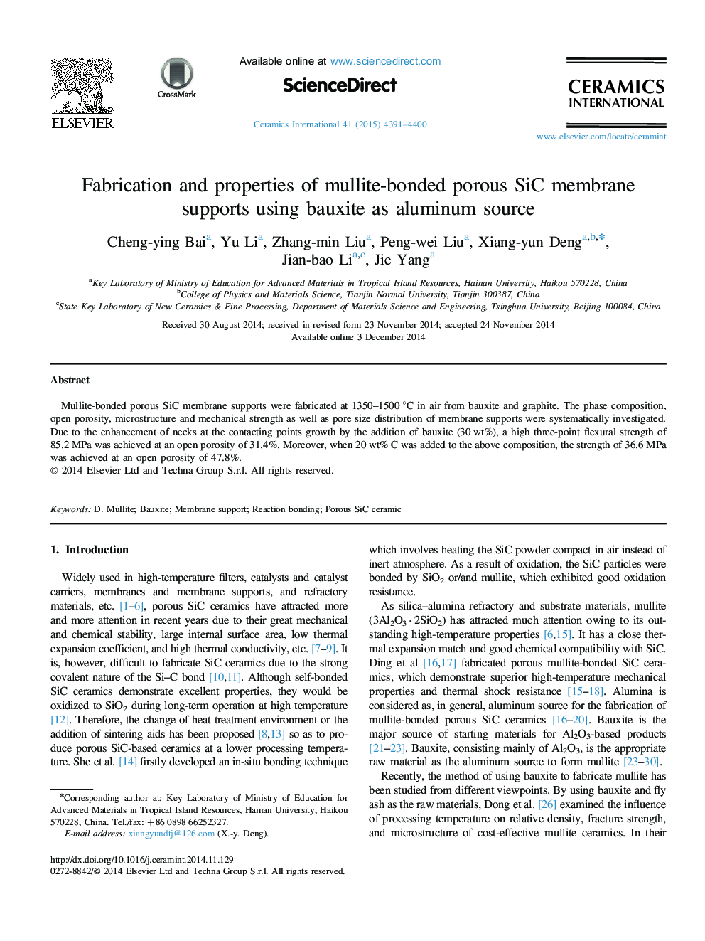 Fabrication and properties of mullite-bonded porous SiC membrane supports using bauxite as aluminum source