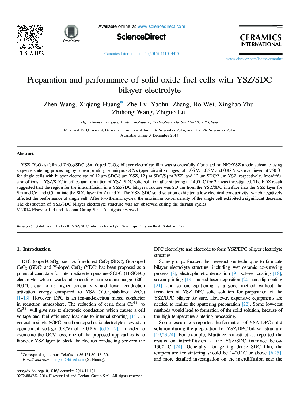 Preparation and performance of solid oxide fuel cells with YSZ/SDC bilayer electrolyte