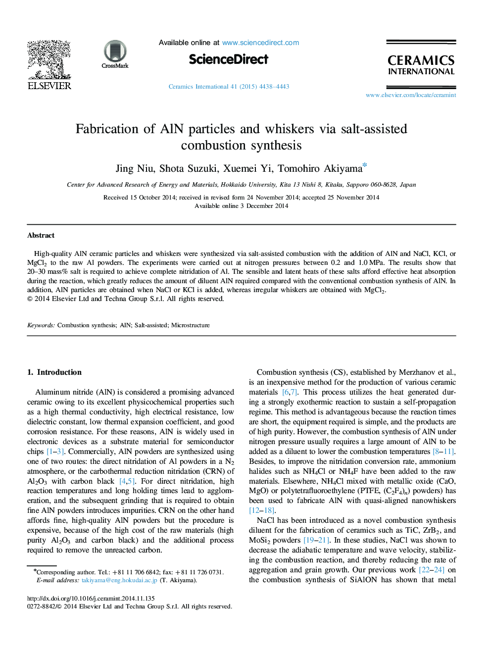 Fabrication of AlN particles and whiskers via salt-assisted combustion synthesis