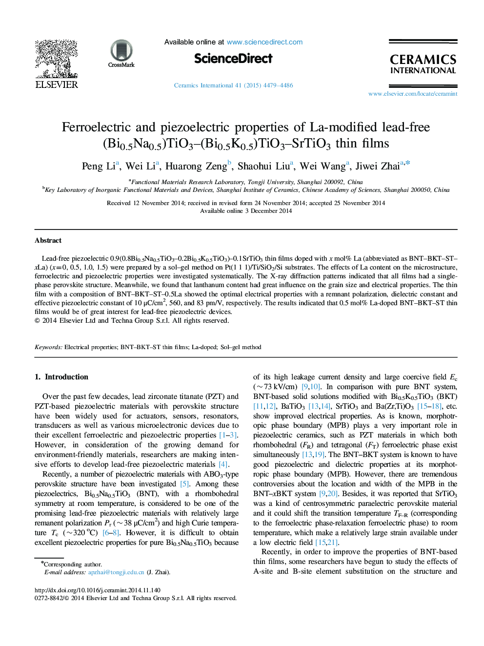 Ferroelectric and piezoelectric properties of La-modified lead-free (Bi0.5Na0.5)TiO3–(Bi0.5K0.5)TiO3–SrTiO3 thin films